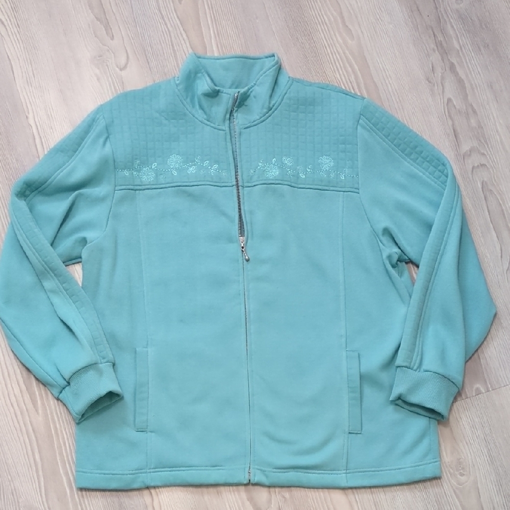 Alfred Dinner M Jacket Zip Up Embroidered Quilted Women's Aqua Jacket Long Sleev